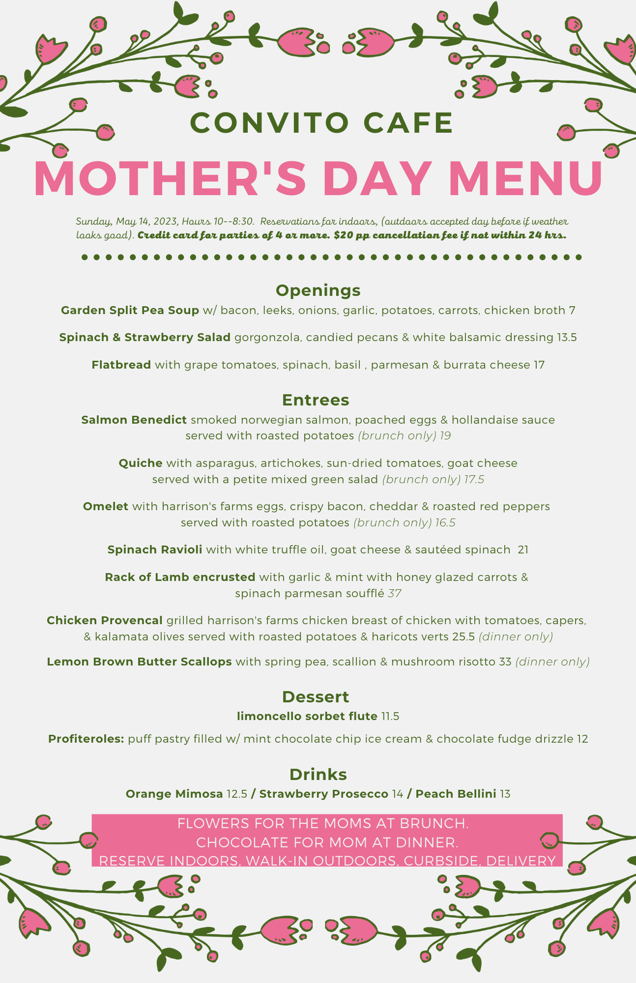 Convito Cafe Mohter's Day Specials 2023