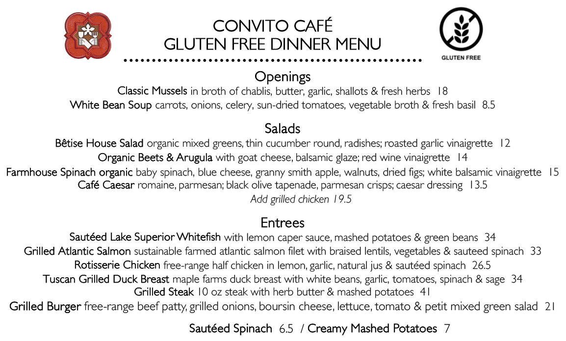 Convito Glutten Free Dinner Menu