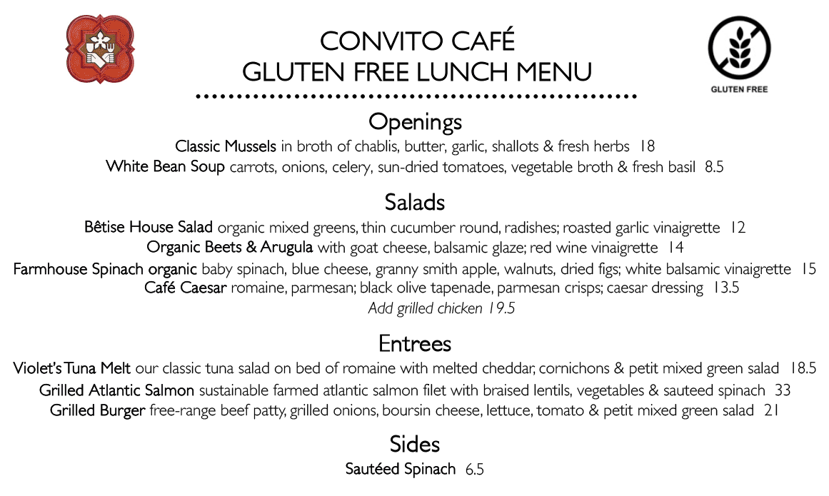 Convito Glutten Free Lunch Menu